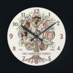 Family Tree Photo Collage 8 Pictures Name Lt Beige Round Clock<br><div class="desc">This beautiful, personalized "family tree" design includes original tree artwork plus 8 of your family photos in the shape of apples. The hand-drawn artwork shows a tree plus its roots on a background of light, warm beige. The tree has colorful leaves and little blue birds sitting on its limbs. Use...</div>