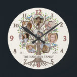 Family Tree Photo Collage 8 Pictures Name Lt Beige Round Clock<br><div class="desc">This beautiful, personalized "family tree" design includes original tree artwork plus 8 of your family photos in the shape of apples. The hand-drawn artwork shows a tree plus its roots on a background of light, warm beige. The tree has colorful leaves and little blue birds sitting on its limbs. Use...</div>
