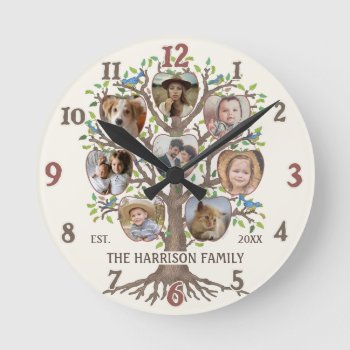 Family Tree Photo Collage 8 Pictures Name Lt Beige Round Clock by PictureCollage at Zazzle