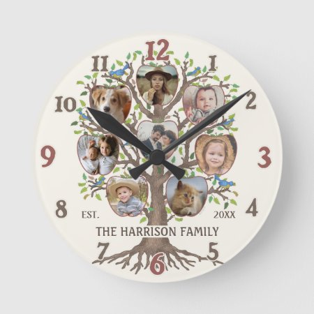 Family Tree Photo Collage 8 Pictures Name Lt Beige Round Clock