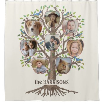 Family Tree Photo Collage 8 Pictures Name Lt Beige Shower Curtain by PictureCollage at Zazzle
