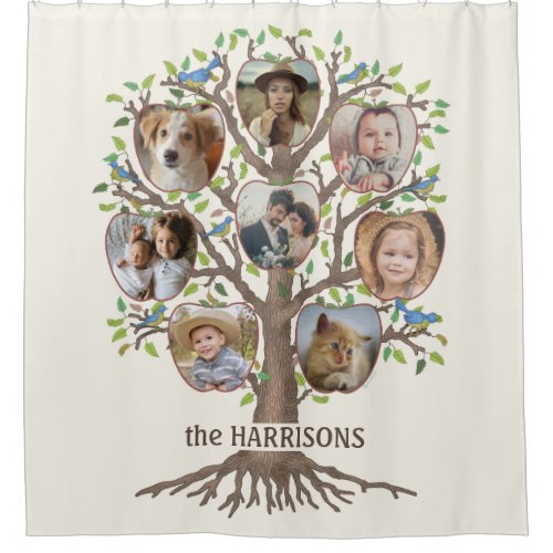 Family Tree Photo Collage 8 Pictures Name Lt Beige Shower Curtain