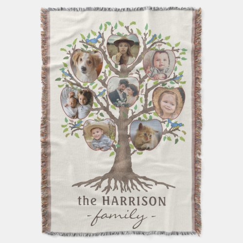 Family Tree Photo Collage 8 Pictures Name Lt Beige Throw Blanket