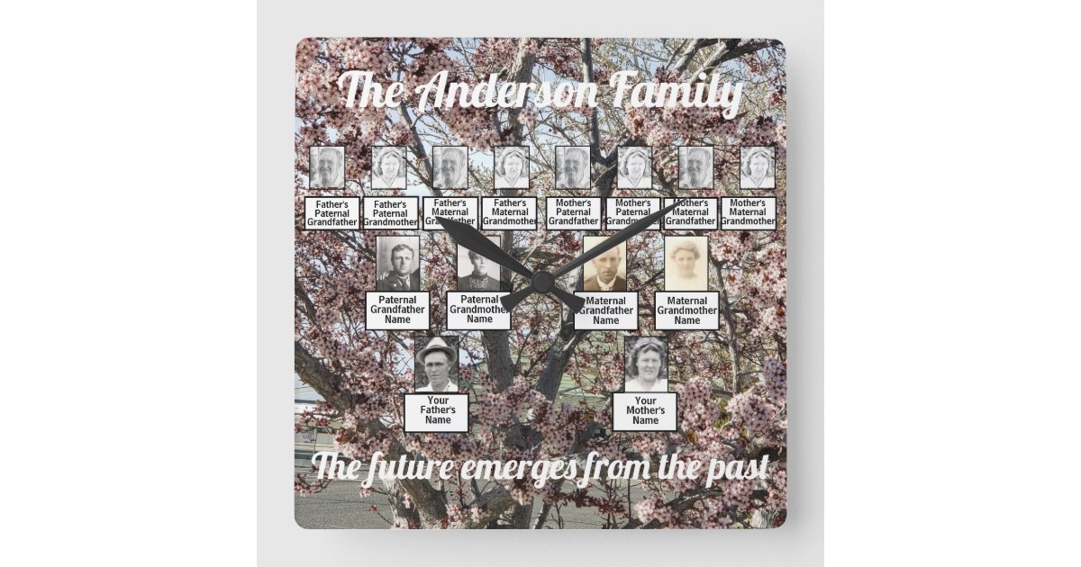 Family Tree Pink Blossoming Spring Tree Square Wall Clock | Zazzle
