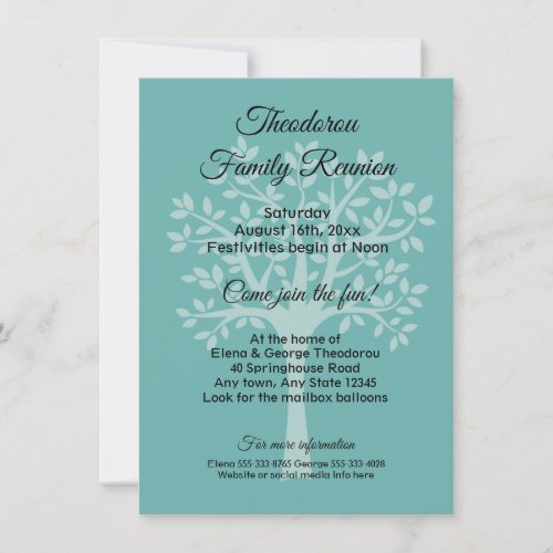 Family Tree Teal Green Family Reunion Invitation
