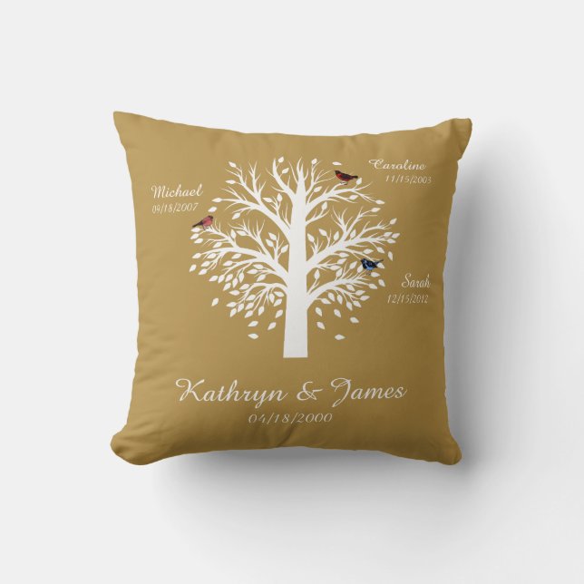 Family Tree, White Tree on Gold w/ Names & Dates Throw Pillow (Front)