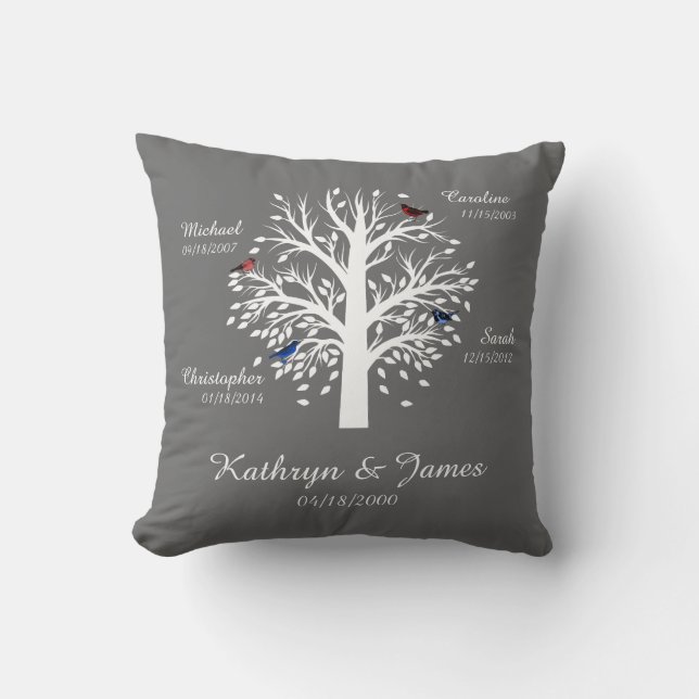 Family Tree, White Tree on Gray  w/ Names & Dates Throw Pillow (Front)