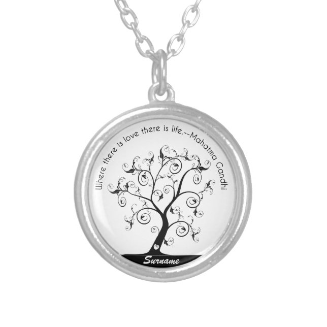 Family Tree with Gandhi Quote Silver Plated Necklace (Front)