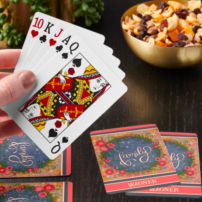 Family Trendy Modern Fun Floral Customized Name Poker Cards (Creator Uploaded)