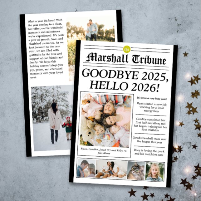 Family Tribune Holiday Photo New Year Card (Modern 7 photo custom newspaper style holiday card with lots of personalized text to make a fun card)