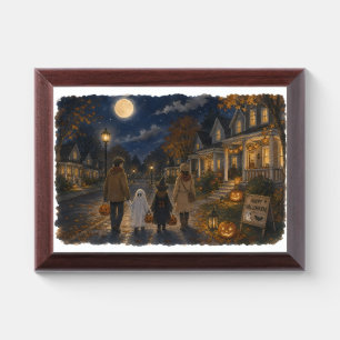 Family Trick or Treating Halloween Night Illustrat Award Plaque