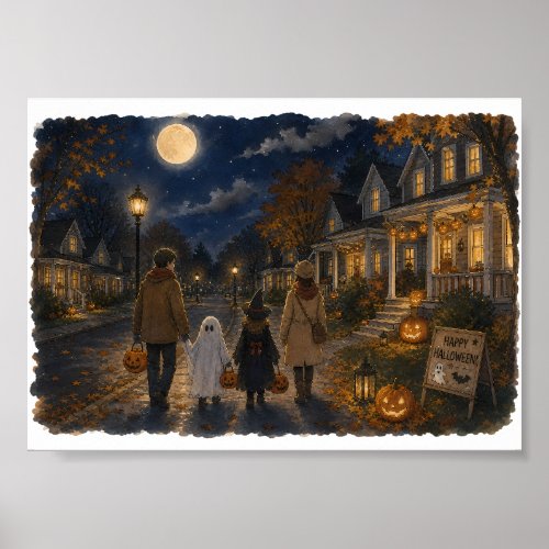 Family Trick or Treating Halloween Night Illustrat Poster