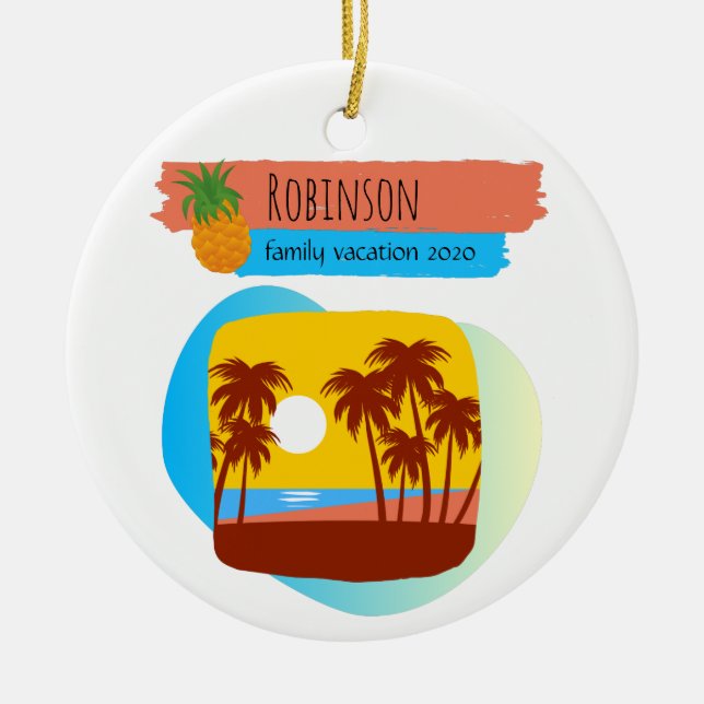 Family Tropical Beach Vacation Souvenir Christmas Ceramic Ornament (Front)