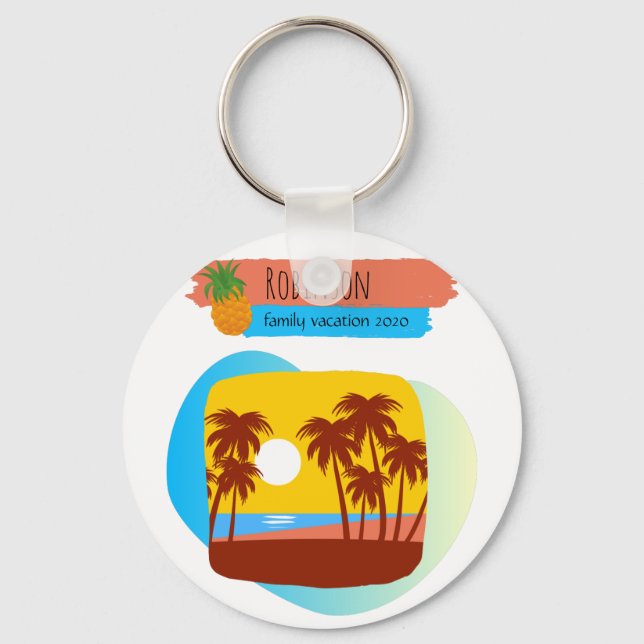 Family Tropical Beach Vacation Souvenir Keychain (Front)