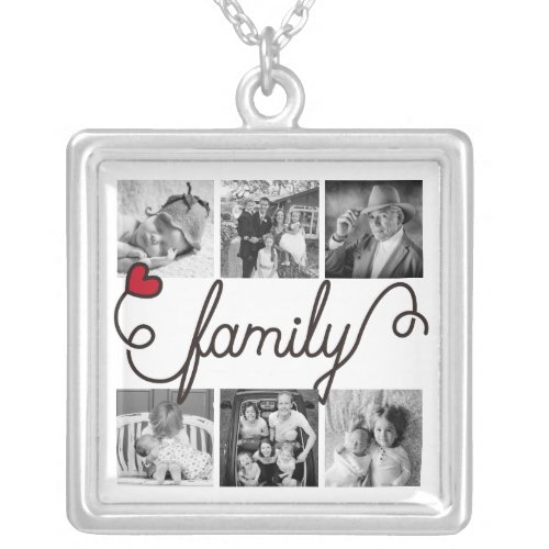 Family Typography Art Red Heart Instagram Photos Silver Plated Necklace