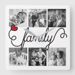 Family Typography Art Red Heart Instagram Photos Square Wall Clock