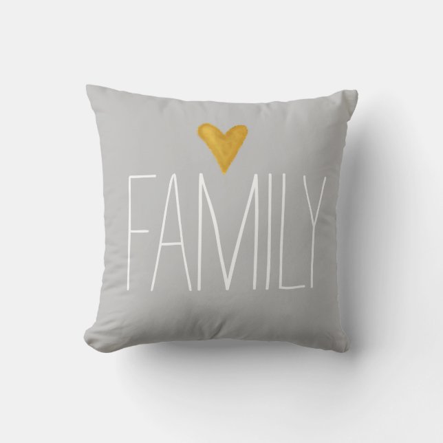 'family' typography, dove grey throw pillow (Front)
