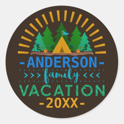 Family Vacation Camping Trip  Custom Name Year Classic Round Sticker