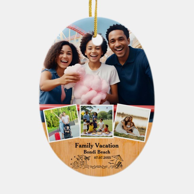 Family Vacation keepsake & Custom 4 Photo Frames Ceramic Ornament (Back)