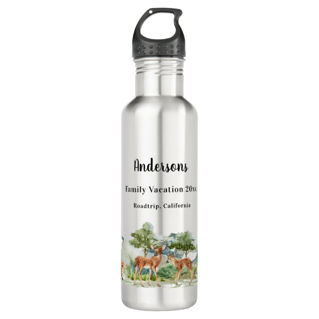 Family vacation woodland forest animals deer stainless steel water bottle (Front)