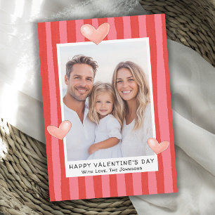 Family Valentine's Day Photo with Hearts Stripes Holiday Card