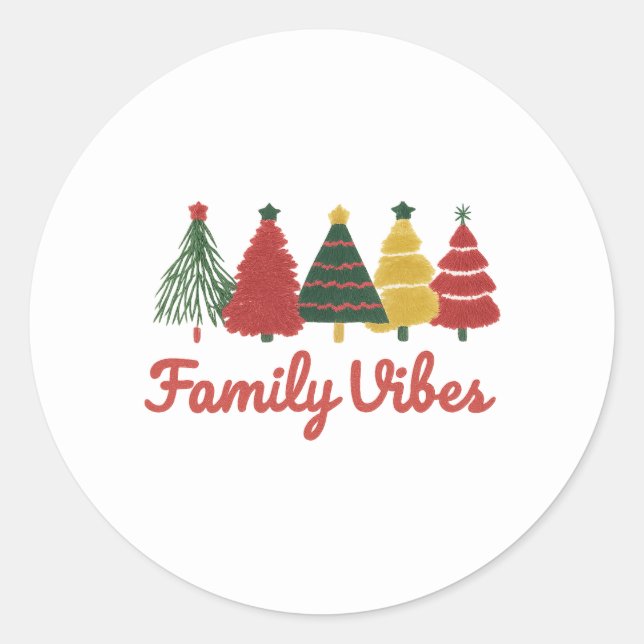 Family Vibes – Cozy Christmas Tree Design Classic Round Sticker (Front)