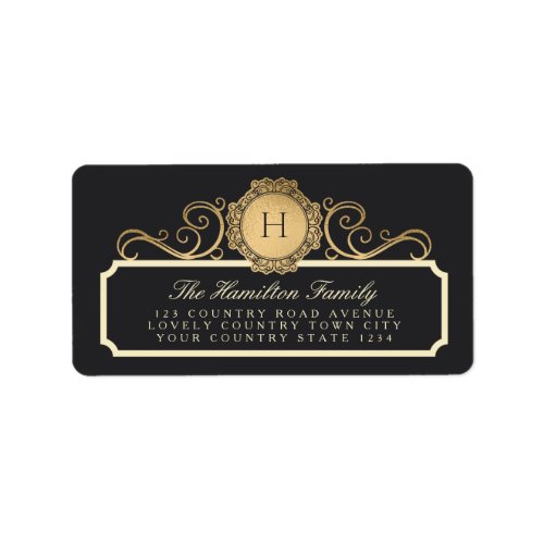 Family Vintage Charcoal Gold Monogram Address Label