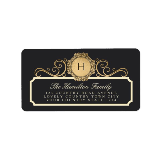 Family Vintage Charcoal Gold Monogram Address Label (Front)