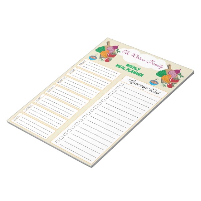 Family Weekly Meal Planner | Grocery List Notepad (Angled)