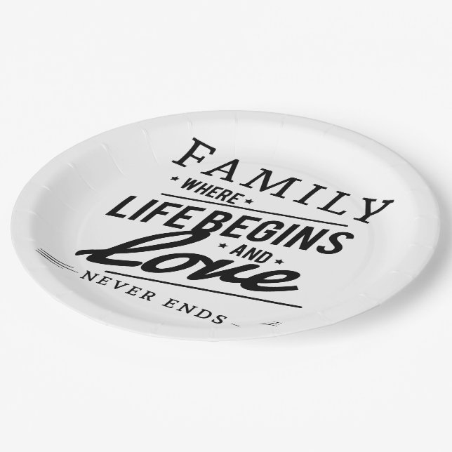Family where life begins and love never  ends paper plates (Angled)