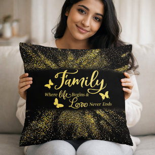 Family Where Life Begins Gold Glitter Black Throw Pillow
