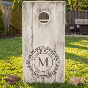 Family White Rustic Crest Monogram Design Cornhole Set