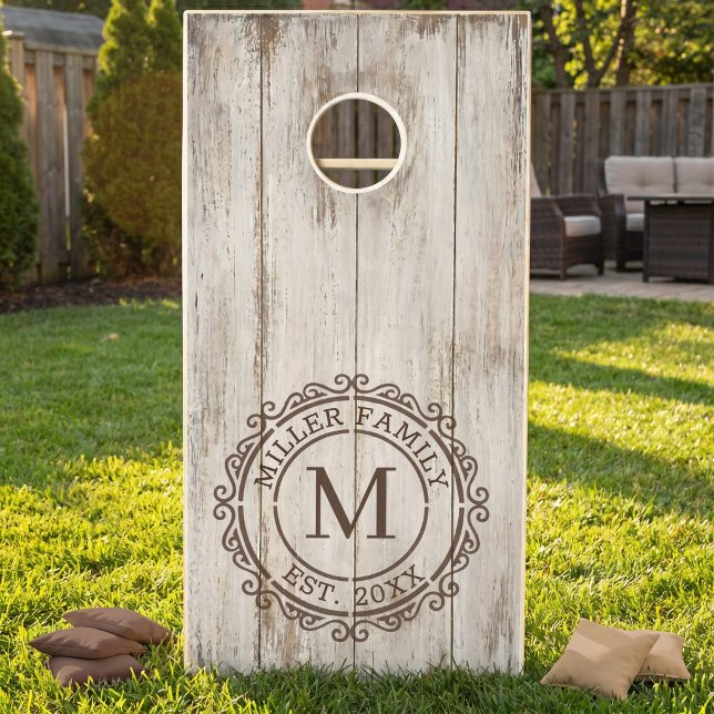 Family White Rustic Crest Monogram Design Cornhole Set (Creator Uploaded)