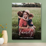 Family White Script Photo Overlay Acrylic Photo Tile<br><div class="desc">Create a custom photo wall tile to celebrate your family. "family" overlays your photo in a stylish white script with swashes. Add your name in simple white typography.</div>