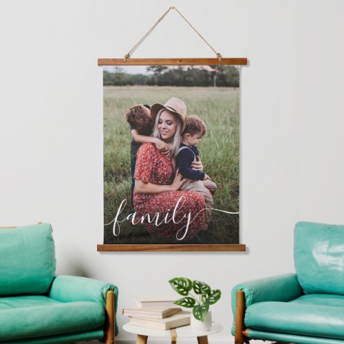 Family White Script Photo Overlay Hanging Tapestry