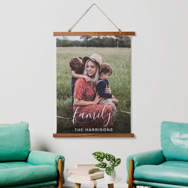 Family White Script Photo Overlay Monogram Hanging Tapestry