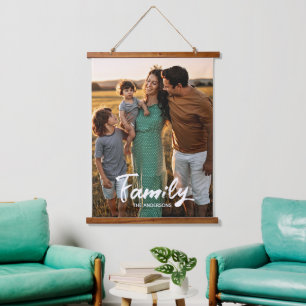 Family White Script Photo Overlay Monogram Hanging Tapestry