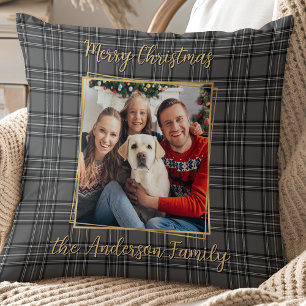 Family Winter Gray Gold Plaid Custom Modern Photo Throw Pillow