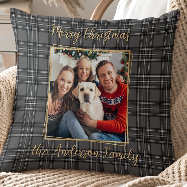 Family Winter Gray Gold Plaid Custom Modern Photo Throw Pillow (Creator Uploaded)