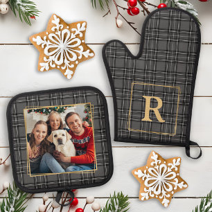 Family Winter Gray Plaid Custom Monogram & Photo Oven Mitt & Pot Holder Set