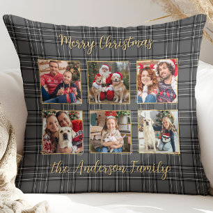 Family Winter Plaid Gray Gold Custom Photo Collage Throw Pillow