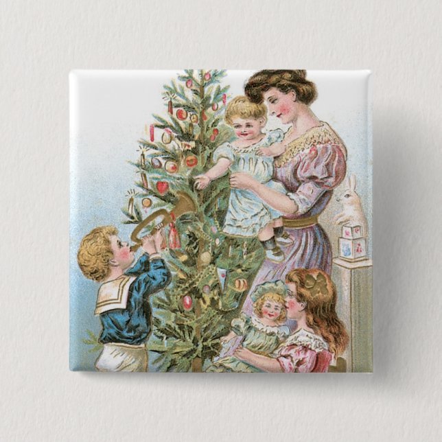 Family with Christmas Tree Pinback Button (Front)