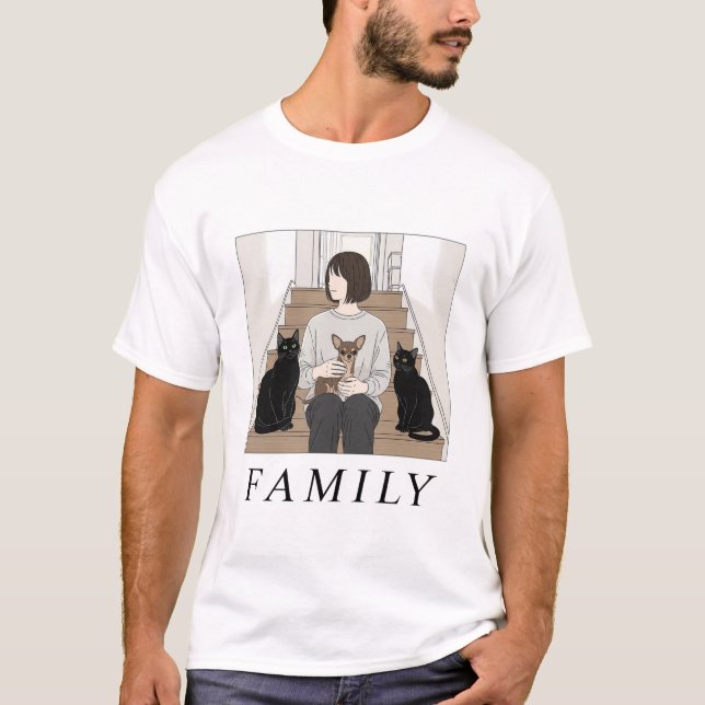 Family – Woman with Dog and Cats Cozy Scene T-Shirt (Front)