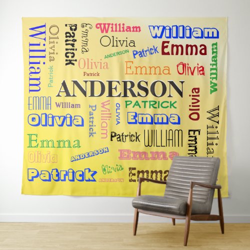 Family Word Cloud Stylized Yellow Background Tapestry