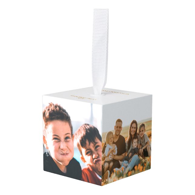 Family Xmas 5 Photo Portrait Christmas Cube Ornament (Front Angled)