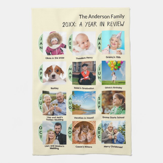 Family Year Gallery of 12 Photos Cream Custom Kitchen Towel (Vertical)