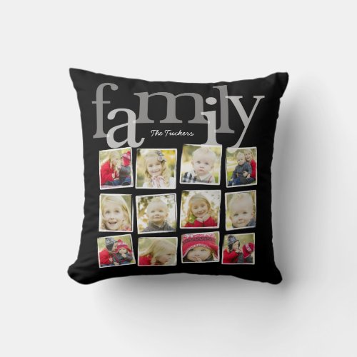 Family Year in Pictures 12 Photo Collage Black Throw Pillow