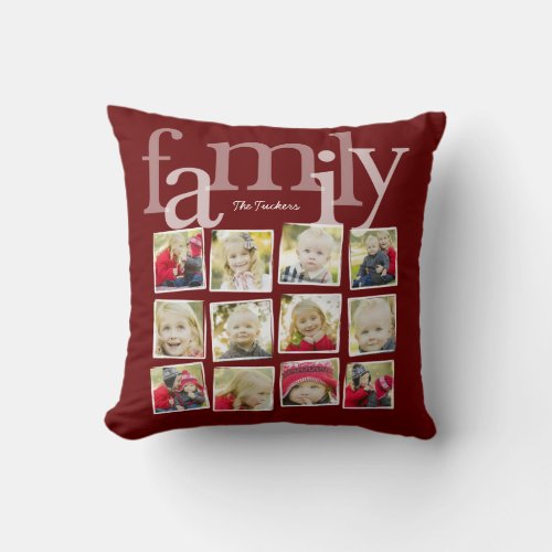Family Year in Pictures 12 Photo Collage Dark Red Throw Pillow