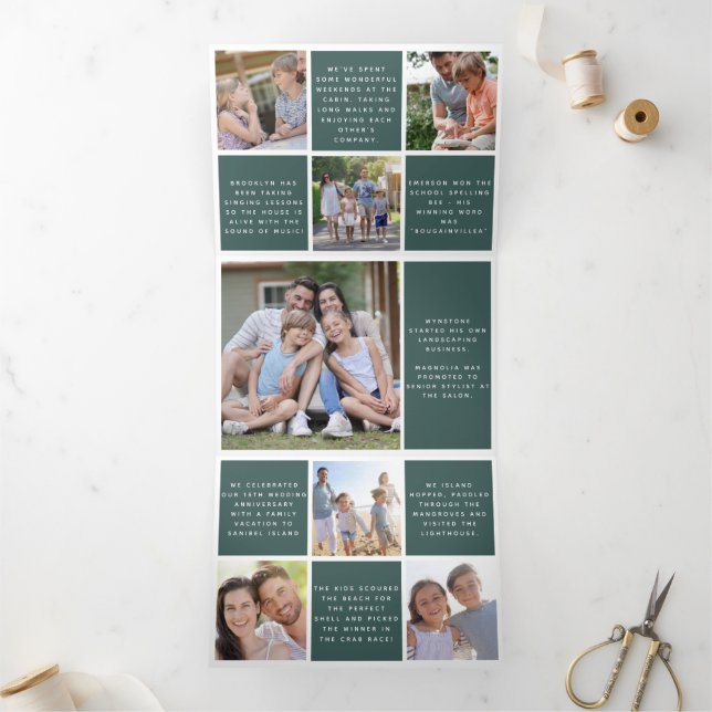 Family Year in Review Photos Green Tri-Fold Holiday Card (Inside)