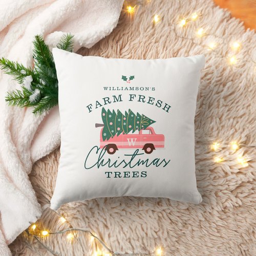 Familys Farm Fresh Christmas Trees Pink Retro Van Throw Pillow